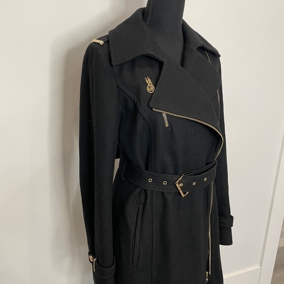 Michael Kors MK Black Long Belted Coat Wool Blend - Picture 2 of 5